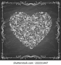 Heart shape made from fruit on blackboard. Vintage style. Vector illustration.