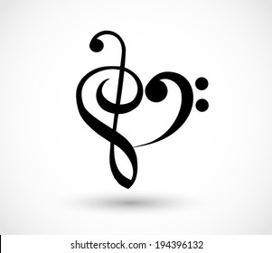 Heart shape made of G-clef, To love music sign. vector