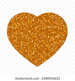 Heart shape made of golden bright sequins. Isolated on transparent background. Vector illustration