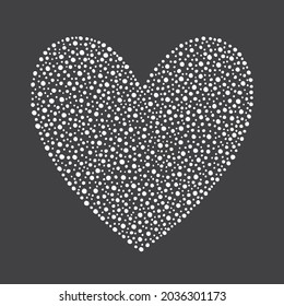 Heart shape made of hand drawn uneven tiny dots, dot snowflakes, beads of various size, pearls. Winter, New Year, Valentine's day black and white abstract dotted background. Snow frame template.