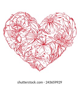 Heart shape is made of hand drawn beautiful flowers, isolated on white background. Element for Valentines Day holiday card.