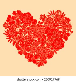 Heart shape is made of hand drawn beautiful flowers, isolated on white background.