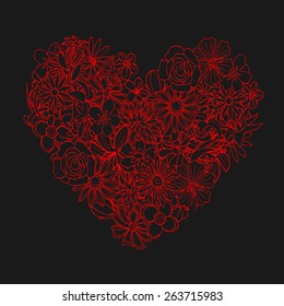 Heart shape is made of hand drawn beautiful flowers, isolated on white background.