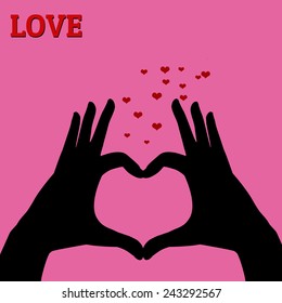 Heart shape made with hands on pink background with hearts poster, vector illustration