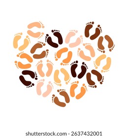 Heart shape made of human footprints of different skin colors. Diversity concept. Vector illustration