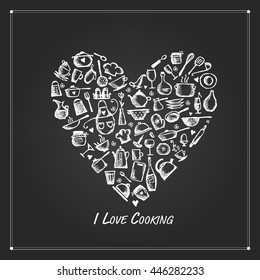 Heart shape made from kitchen utensils, sketch drawing for your design