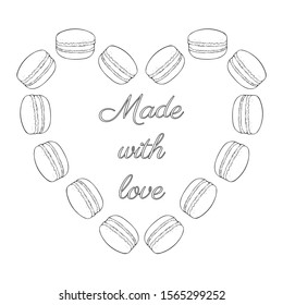 Heart shape made of macarons. Design elements for Valentine day greeting card. Made with love. Sweet delicious dessert food. Vector illustration isolated on white background. Hand drawn. Coloring book