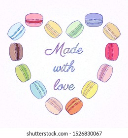 Heart shape made of macarons on a white background, in pastel colors. Valentine day. Made with love. Sweet delicious dessert food. Isolated colorful vector illustration. Hand drawn. Separate objects.