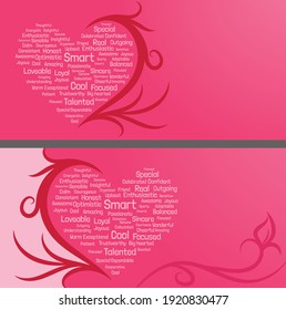Heart shape made out of words of compliment and love with a beautiful pink colored background with abstract designs on it that can be used in valentine day posters or graphics about love Happiness