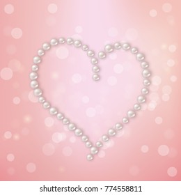 Heart shape made of pearl on pink background. Vector romantic illustration.