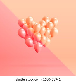 Heart shape made of realistic glossy helium balloons floating on colorful background. Vector 3D balloons for Valentine's day, wedding or promotion banners or posters. Illustration in pastel colors.