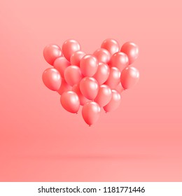 Heart shape made of realistic glossy helium balloons floating on pink background. Vector 3D balloons for Valentine's day, wedding or promotion banners or posters. Illustration in pastel colors.