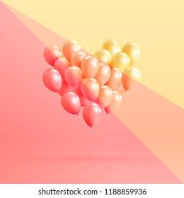 Heart shape made of realistic glossy helium balloons floating on colorful background. Vector 3D balloons for Valentine's day, wedding or promotion banners or posters. Illustration in pastel colors.