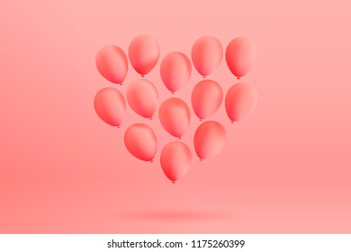 Heart shape made of realistic mat helium balloons floating on pink background. Vector 3D balloons for Valentine's day, wedding or promotion banners or posters. Illustration in pastel colors.
