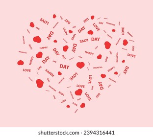 Forma cardíaca hecha de corazones rojos con palabras de amor, te amo la carta con el corazón. Ilustración vectorial del día de San Valentín, Feliz Día de San Valentín de fondo con corazones.