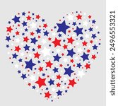 Heart shape made of red, white and blue stars isolated on a light gray background. Creating a bold and patriotic pattern. Flat lay design for greeting card, poster, banner and print.