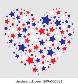 Heart shape made of red, white and blue stars isolated on a light gray background. Creating a bold and patriotic pattern. Flat lay design for greeting card, poster, banner and print.