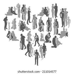 A heart shape made from silhouettes of a loving family, father mother and child. Concept for the love of family