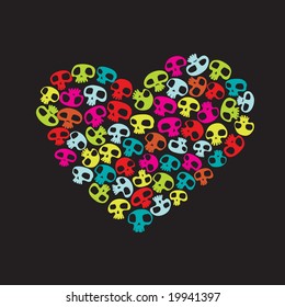 Heart shape made of small colorful funny skulls on black background. Vector illustration