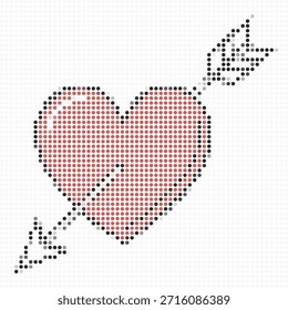 Forma de corazón hecha de puntos Pequeños perforados por una flecha en un estilo de arte de píxeles