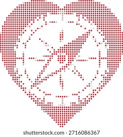 heart shape made of small red and white dots forming a dove inside on white background
