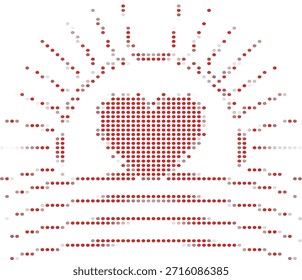 Herzform aus kleinen roten und grauen Punkten auf weißem Hintergrund mit Sunburst-Design