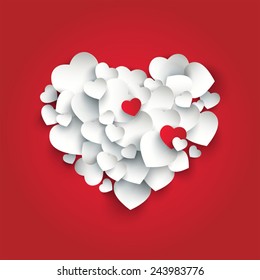 Heart shape made from smaller hearts on red background. Valentine's card.