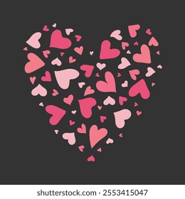 Heart shape made from various hand drawn hearts silhouette. Simple Love Symbol isolated on black. Template for Poster sticker card banner label for Valentines Day Design. 