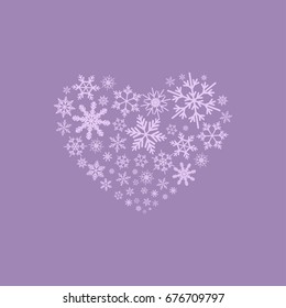 Heart shape made with violet snowflakes. Purple background. Vector flat illustration. Christmas card. New year background
