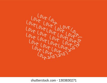 Heart shape made of white words love on red background. Concept of valentine's day. 