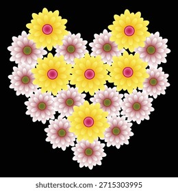 Forma do coração feita de flores amarelas e rosa no fundo preto