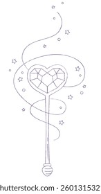 Heart shape magic wand doodle. Fairytale element in sketch style. Hand drawn vector illustration isolated on white background