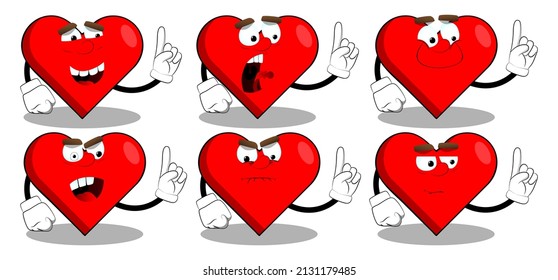 Heart Shape with making a point as a cartoon character, funny red love holiday illustration.