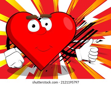 Forma de corazón con pulgares hacia arriba como personaje de caricatura, divertida ilustración de la fiesta de amor rojo.