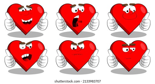 Heart Shape with making thumbs up sign with two hands as a cartoon character, funny red love holiday illustration.