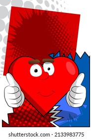 Heart Shape with making thumbs up sign with two hands as a cartoon character, funny red love holiday illustration.