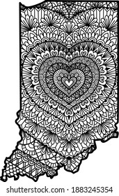 Heart shape mandala inside Indiana state map, for coloring book, coloring page, engraving or print on stuffs. Vector illustration