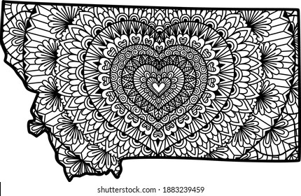 Heart shape mandala inside Montana state map, for coloring book, coloring page, engraving or print on stuffs. Vector illustration
