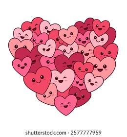 Heart shape of many little smiling kawaii cartoon hearts, cartoon, comic style hand drawn love illustration, drawing