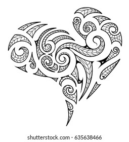 Heart Shape In Maori Tribal Style With Artistic Koru Elements