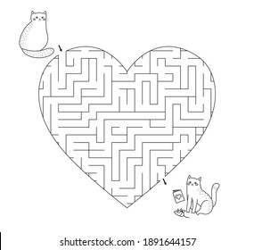 Heart shape maze game for kids. Saint Valentine's day coloring page. Hand drawn doodle cats with gifts. Printable labyrinth worksheet.