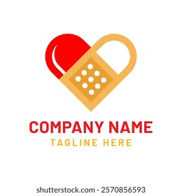 Heart shape medical or pharmacy logo design template with capsule and first aid bandage