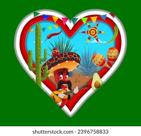 Heart shape with Mexican flag colours, paper cut vector banner with chili pepper, pinata, cactus and maracas. Independence day of Mexico, holiday fiesta with mariachi pepper in sombrero with guitar