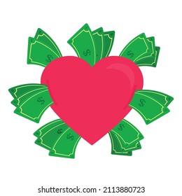 Heart shape with money bills around. Heart with money around. Money coming out of the heart. conceptual. White background. Isolated.