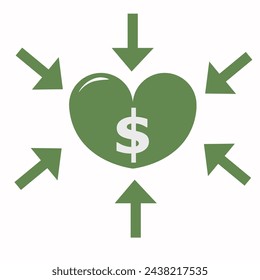 una forma de corazón con el dinero en el interior y una flecha en la naturaleza. adecuado para temas de negocios. trabajo, oficina, salario, amor. ilustración vectorial plana.