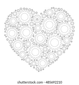 Heart shape mosaic of cog wheels. Looks like clockwork heart or love machine. White cogs with thin black outline on white background.