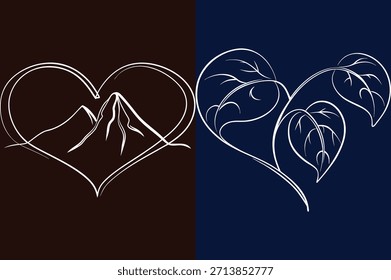 Diseños de arte de la línea de la montaña y de la hoja de la forma del corazón