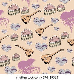 Heart shape and music instruments image design background pattern design for wallpaper and other decoration needs. 