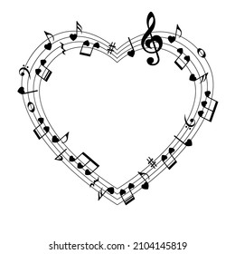 Heart shape music notes, musical frame, isolated vector illustration.