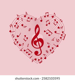 Heart shape music notes, red musical pattern, isolated vector illustration.